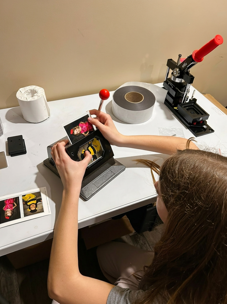 Molly making magnets at the press